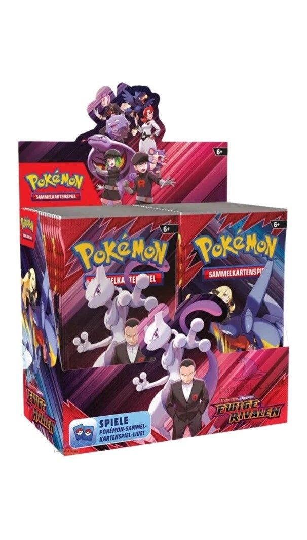 Display-Box von Pokémon Karmesin & Purpur Ewige Rivalen Booster-Karten mit Team Rocket und Team Galactic Schurken, mit kräftigen roten und lila Farben, Pokémon-Logo und Figuren wie Giovanni und Cyrus auf der Verpackung.