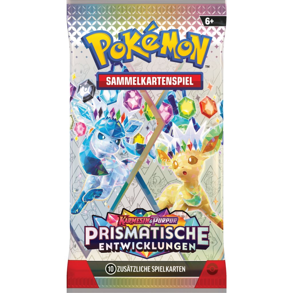 Pokémon Karmesin & Purpur – Prismatische Entwicklungen Einzelbooster (Deutsch) mit exklusiven prismenförmigen Sammelkarten aus der Erweiterung