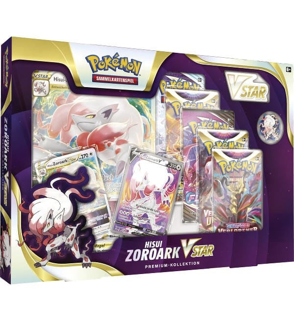 Pokémon Hisui-Zoroark VSTAR Premium-Kollektion Deutsch – Sammelkarten-Box mit exklusiven Promo-Karten, überdimensionaler VSTAR-Karte, Pins & Boostern